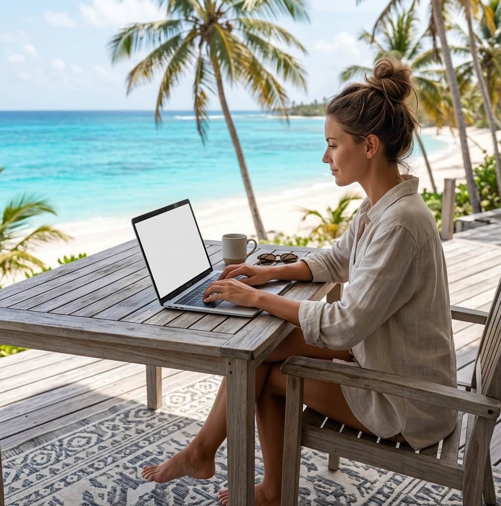 Working from a tropical beach deck — the Freedom Founder lifestyle